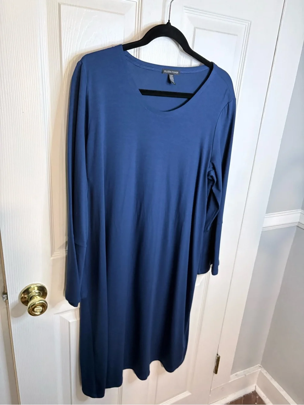 Eileen Fisher Blue Lyocell Jersey Swing Dress Bell Sleeve Dress Large - Picture 3 of 8